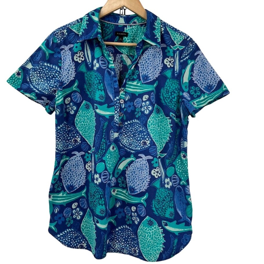 Talbots Fish‎ Print Seersucker Tunic Womens Large Blue Excellent Coastal Top